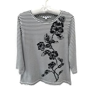 CHICO’S | Black & White Striped Floral Beaded 3/4 Sleeve Top | Size 2 Large